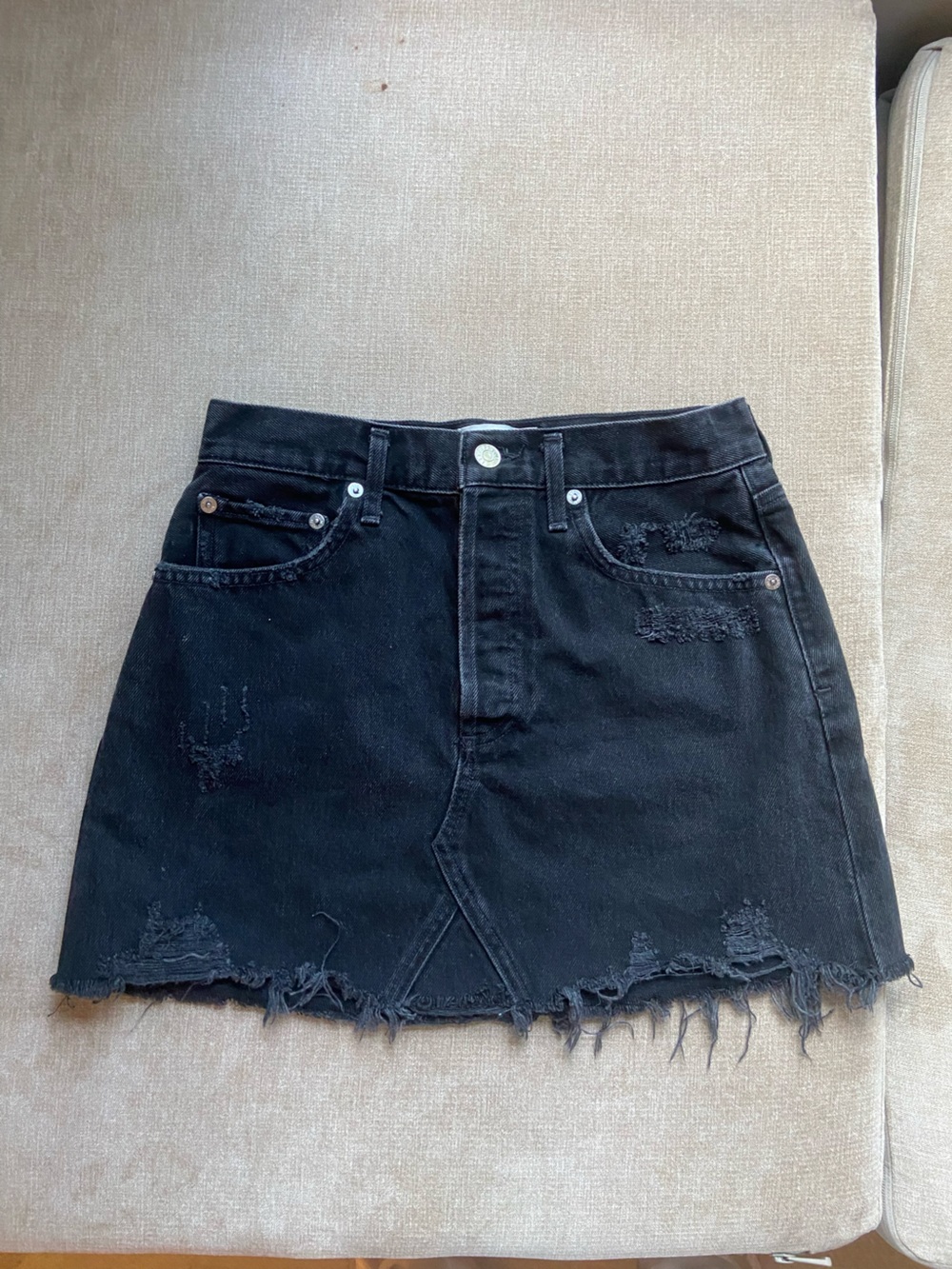 Agolde Black Distressed Denim Mini Skirt